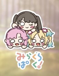  :d ;) ahoge anyoji_hime blonde_hair blue_hair blunt_bangs blurry blurry_background blush_stickers brown_hair character_doll commentary_request fang flower fujishima_megumi gradient_hair group_name hair_flower hair_ornament light_blue_hair link!_like!_love_live! long_hair love_live! mira-cra_park! multicolored_hair nesoberi no_humans o_o one_eye_closed open_mouth osawa_rurino outline parted_bangs pink_flower pink_hair ponytail sidelocks smile split_mouth swept_bangs twintails two_side_up white_outline zueka27 