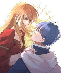  1boy 1girl blonde_hair blue_eyes blue_hair brown_eyes cape chikefu closed_mouth commentary_request earrings eye_contact eyelashes finn_(fire_emblem) fire_emblem fire_emblem:_genealogy_of_the_holy_war highres jewelry lachesis_(fire_emblem) looking_at_another nintendo short_hair simple_background smile white_background white_cape white_trim 