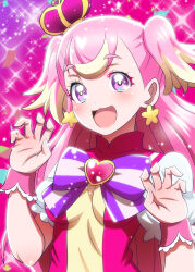  1girl :3 :d absurdres ai_wa_muteki blonde_hair bow bowtie brooch claw_pose commentary_request crown cure_wonderful dress earrings heart heart_brooch high_collar highres inukai_komugi jewelry light_particles long_hair looking_at_viewer magical_girl mini_crown multicolored_hair open_mouth partial_commentary pink_dress pink_eyes pink_hair precure puffy_short_sleeves puffy_sleeves purple_bow purple_bowtie short_sleeves smile solo sparkle tilted_headwear two-tone_hair two_side_up wonderful_precure! 