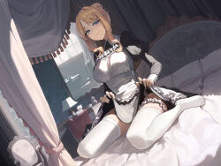  1girl asmr bed blonde_hair blue_eyes breasts clothes_lift garter_straps hair_bun highres lace lace_panties lingerie mac_star maid medium_breasts panties sidelocks sitting skirt skirt_lift smirk solo thighhighs underwear white_thighhighs  rating:Sensitive score:25 user:sqahlinton