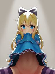  1girl alice_(alice_in_wonderland) alice_in_wonderland black_bow blonde_hair blue_dress blue_eyes blush bottomless bow clothes_in_mouth clothes_lift commentary dress dress_in_mouth dress_lift frilled_dress frills grey_background hair_bow implied_sex lifting_own_clothes loli long_hair looking_at_viewer navel out-of-frame_censoring pov purple_thighhighs simple_background solo stomach striped_clothes striped_thighhighs sweat thighhighs very_long_hair viroa wavy_hair  rating:Questionable score:342 user:danbooru