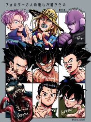  6+boys :d absurdres aco_(aco_rz) aged_up alien angry bald bardock clenched_hand clenched_teeth colored_skin dragon_ball dragonball_z fighting_stance frown giblet_(dragon_ball) grin gyro_zeppeli hat highres hit_(dragon_ball) index_finger_raised jojo_no_kimyou_na_bouken kuji-in lipstick makeup marvel monster_boy multiple_boys multiple_drawing_challenge open_mouth purple_hair purple_skin shallot_(dragon_ball) six_fanarts_challenge smile son_goten spider-man_(series) spiked_hair steel_ball_run teeth trunks_(dragon_ball) urameshi_yusuke venom_(marvel) yuu_yuu_hakusho 