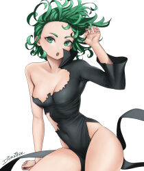  1girl :o absurdres black_dress breasts cleavage covered_navel curly_hair dismaiden dress green_eyes green_hair hand_up highres looking_at_viewer one-punch_man open_mouth side_slit simple_background small_breasts solo tatsumaki torn_clothes torn_dress white_background  rating:Sensitive score:4 user:danbooru
