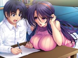  1boy 1girl akogare_no_onee-chan_wa_choukyou_shigansha?! angry bare_shoulders blue_eyes breast_press breast_rest breasts character_request collared_shirt fujiyama_hiroki game_cg huge_breasts impossible_clothes impossible_sweater_vest indoors kawaraya_a-ta looking_at_another notebook open_mouth parthenon_(company) pen pink_sweater pink_sweater_vest pink_vest pleated_skirt purple_eyes purple_hair shirt skirt surprised sweater sweater_vest tendou_mika vest white_shirt white_skirt writing 