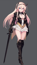1girl adapted_uniform armor armored_boots bikini black_bikini black_footwear blonde_hair blue_eyes blush boots breasts cleavage full_body gauntlets gloves greaves grey_background hanna-justina_marseille head_wings headband high_heel_boots high_heels long_hair looking_at_viewer null_(nyanpyoun) pink_hair side-tie_bikini_bottom simple_background skirt solo standing strike_witches swimsuit sword weapon wings witches_of_africa world_witches_series rating:Questionable score:109 user:danbooru