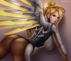  1girl 2010s ass back blonde_hair blue_eyes bodysuit breasts cleavage female_focus flowerxl highres looking_at_viewer looking_back medium_breasts mercy_(overwatch) overwatch ponytail solo wings  rating:Questionable score:3 user:Patrick_PAT