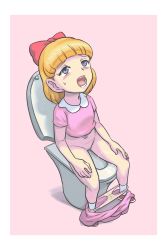 1girl artist_request blonde_hair blue_eyes blush bow breasts clothes_pull dress flat_chest hair_bow highres loli looking_up mother_(game) mother_2 navel nintendo open_mouth panties panty_pull paula_(mother_2) pee_stain peeing pink_background pink_panties pink_shirt pink_skirt red_footwear relief ribbon shirt shoes short_hair short_sleeves simple_background sitting skirt skirt_pull small_breasts socks solo stained_panties sweatdrop toilet toilet_use underwear wet wet_clothes wet_panties white_socks rating:Questionable score:33 user:Embers_of_Saturn_