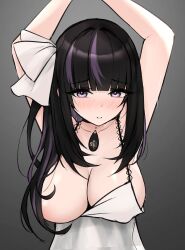 1girl arms_up black_hair blush bow breasts cleavage covered_erect_nipples dress grey_background hair_bow hair_censor highres indie_virtual_youtuber large_breasts long_hair looking_at_viewer m_r_b multicolored_hair one_breast_out purple_eyes purple_hair ririsya simple_background solo streaked_hair sweat upper_body virtual_youtuber white_dress