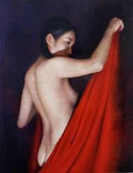  1girl asian ass back black_hair butt_crack completely_nude flat_chest from_behind highres long_hair naked_towel nmodern nude oil_painting_(medium) original painting_(medium) realistic red_towel solo towel traditional_media  rating:Questionable score:4 user:danbooru