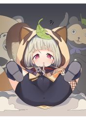 !? 1girl :o absurdres animal_ears animal_hood black_gloves black_scarf blunt_bangs blush cameltoe commentary fake_animal_ears fat_mons fingerless_gloves full_body genshin_impact gloves gradient_background highres hood japanese_clothes leaf leaf_on_head letterboxed loli looking_at_viewer luke_(dydansgur) lying medium_hair on_back parted_lips red_eyes sayu_(genshin_impact) scarf shoes shuriken silver_hair solo stuffed_animal stuffed_toy sweatdrop weapon rating:Questionable score:177 user:danbooru
