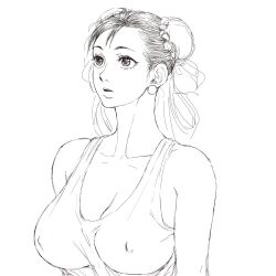  1girl breasts capcom chun-li cleavage covered_erect_nipples earrings jewelry large_breasts mikanntter nipple_visible_through_shirt nipples shirt sketch solo street_fighter 