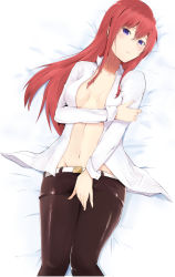  1girl absurdres bad_id bad_pixiv_id bed_sheet belt black_pantyhose blue_eyes blush breasts cleavage collared_shirt covering_privates covering_breasts denim denim_shorts frip_site groin hair_between_eyes highres long_hair long_sleeves looking_at_viewer lying makise_kurisu navel on_back open_clothes open_shirt pantyhose red_hair shirt shorts sleepy_frippy small_breasts solo steins;gate tagme  rating:Questionable score:65 user:danbooru