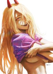  +_+ 1girl :d blonde_hair breasts chainsaw_man etama_quomo hair_over_one_eye horns large_breasts long_hair looking_at_viewer nose open_mouth orange_eyes power_(chainsaw_man) purple_shirt sharp_teeth shirt short_sleeves signature smile solo teeth underboob undressing upper_body very_long_hair  rating:Sensitive score:23 user:danbooru