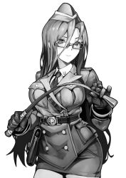  1girl belt breasts commission glasses gloves greyscale hair_between_eyes hat highres kousaku large_breasts long_hair military_uniform monochrome necktie pixiv_commission pocket pouch riding_crop solo standing uniform 