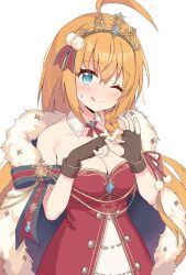  1girl ;q ahoge blue_eyes breasts brown_gloves cape cleavage collarbone detached_collar dress fingerless_gloves fur-trimmed_cape fur_trim gloves hair_between_eyes large_breasts long_hair off-shoulder_dress off_shoulder official_alternate_costume one_eye_closed orange_hair pecorine_(christmas)_(princess_connect!) pecorine_(princess_connect!) penetration_gesture princess_connect! red_dress simple_background solo sshyeok sweatdrop tiara tongue tongue_out white_background 