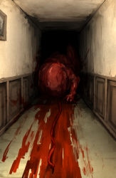  baby baby_(resident_evil) blood blood_trail capcom crawling creepy dark hallway highres horror_(theme) kankan33333 monster no_humans painting_(object) resident_evil resident_evil_village umbilical_cord 