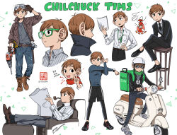  1boy bag belt bespectacled black_eyes black_jacket black_pants blush brown_footwear brown_hair chair character_name chilchuck_tims closed_mouth collared_shirt commentary crossed_legs dungeon_meshi earphones english_commentary freckles glasses hammer helmet holding insulated_delivery_bag jacket long_sleeves male_focus multiple_views necktie one_eye_closed open_mouth pants parted_lips pipe_in_mouth power_drill rem_(tsulala) shirt shoes shorts simple_background sitting smoking_pipe stool striped_clothes striped_shirt sunglasses twitter_username uber_eats v white_background white_shirt 