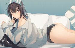  1girl alternate_costume ass bed black_hair blue_background bow bowtie collared_shirt hairband highres kantai_collection kasumi_(skchkko) lingerie long_sleeves lying nagato_(kancolle) off_shoulder on_stomach pillow shirt solo striped_bow underwear white_shirt 