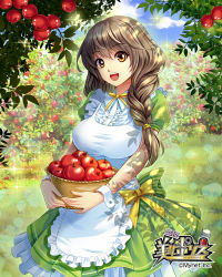  1girl apple apron basket braid brown_hair company_name copyright_name cuffs dress eagle_db food fruit green_dress handcuffs happy highres long_hair official_art orchard outdoors sexy_police smile solo sparkle tree twin_braids 