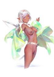  1girl ascot belt bigrbear bottomless breasts cleft_of_venus cropped_legs dark-skinned_female dark_skin grey_hair hair_ornament highres holding holding_sword holding_weapon labia_piercing looking_at_viewer medium_breasts navel nipple_piercing nipples open_clothes open_shirt original piercing pink_eyes pointy_ears pussy pussy_piercing short_hair solo sword uncensored weapon white_background 