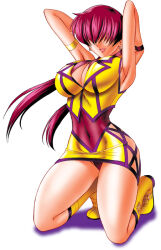  1girl armpits arms_up bad_source boots breasts cleavage cleavage_cutout clothing_cutout covered_navel cropped_jacket earrings hair_over_eyes jacket jewelry kneeling large_breasts lips lipstick long_hair makeup miniskirt mokkouyou_bond panties ponytail purple_panties red_hair shermie_(kof) shiny_skin shirt simple_background skirt sleeveless smile snk solo split_ponytail the_king_of_fighters thighs underwear white_background yellow_shirt  rating:Sensitive score:7 user:danbooru
