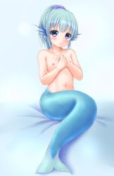 1girl absurdres artist_request bad_id bad_pixiv_id bed blue_eyes blue_hair blush breasts covering_privates covering_breasts fins flat_chest highres loli mermaid monster_girl navel nipples nude ponytail solo tiara rating:Explicit score:34 user:Cancerouscrab