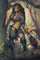  1girl abs absurdres bare_shoulders breasts brown_hair cleavage club_(weapon) colored_skin commentary commission curvy cutesexyrobutts fangs full_body green_skin highres jungle large_breasts lips long_hair looking_to_the_side muscular muscular_female nature navel orc original pointy_ears solo standing thick_thighs thighs toned tree underboob weapon  rating:Sensitive score:31 user:palkia2