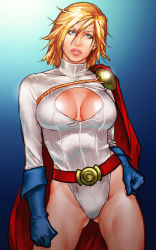  1girl alien belt blonde_hair blue_eyes breasts cape cleavage cleavage_cutout clothing_cutout dc_comics gloves highres kryptonian leotard power_girl red_cape short_hair solo superman_(series) take_(draghignazzo)  rating:Sensitive score:35 user:0xe8