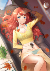 1girl arm_up autumn_leaves bikini bikini_under_clothes blue_bikini blue_eyes blunt_bangs book breasts cellphone cleavage closed_mouth coffee couch crop_top cup dutch_angle earbuds earphones unworn_eyewear from_above glasses heart highres iphone knee_up latte_art looking_at_viewer lying mug on_back on_couch original phone red_hair sarong see-through shade shirt sleeves_past_elbows smartphone smile solo swimsuit taut_clothes taut_shirt watch wavy_hair wristwatch yi_l_chen_5