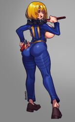  1girl absurdres areola_slip arm_behind_head ass ass_focus back bikini black_bikini black_eyes blonde_hair blue_jumpsuit blush bob_cut breasts breasts_out collar drugs fallout_(series) fallout_4 full_body gold_trim grey_background hair_between_eyes hand_on_own_hip happy highres holding holding_weapon huge_breasts jet_(fallout) jumpsuit large_breasts loafers looking_back micro_bikini mob_face navel open_clothes open_mouth pipe_wrench shoes short_hair simple_background skindentation smug solid_oval_eyes solo standing swimsuit triangle_mouth vault_girl vault_meat vault_suit waa153 watermark weapon wrench 