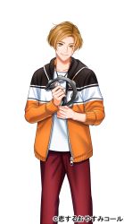  1boy bad_id bad_pixiv_id brown_eyes brown_hair gejang_beat highres holding holding_instrument instrument jacket jewelry looking_at_viewer male_focus necklace official_art pants red_pants smile solo standing tambourine watermark wii_hola zipper 