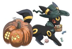 animal_focus basket candy colored_sclera creatures_(company) ears_through_headwear eevee food full_body game_freak gen_1_pokemon gen_2_pokemon green_hat green_neckerchief happy_halloween hat highres holding holding_basket jack-o&#039;-lantern lollipop looking_at_viewer mouth_hold neckerchief nintendo no_humans orange_sclera pokemon pokemon_(creature) pumpkin simple_background solo swirl_lollipop umbreon volpecorvo white_background witch_hat wrapped_candy 
