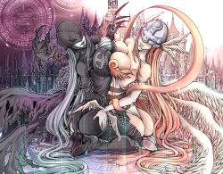  2girls angel angel_and_devil angel_wings angewomon armor ass bad_id bad_pixiv_id bare_shoulders belt blonde_hair boots breast_press breastplate breasts catsuit chain city claws cleavage clothing_cutout contrast covered_eyes cowl damien666-n demon_girl digimon digimon_(creature) digimon_adventure elbow_gloves gloves hand_on_own_ass helmet high_heels kneeling ladydevimon large_breasts lips long_hair mask multiple_girls multiple_wings n-jou_(princealbert) navel_cutout pale_skin red_eyes ribbon runes scar seal_(animal) shoes single_elbow_glove single_glove skin_tight skull smile stitches symmetrical_docking torn_clothes tower very_long_hair visor white_hair wings yuri  rating:Questionable score:233 user:NicoRobin