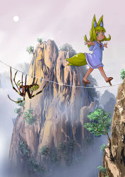 1girl absurdres animal animal_ears balancing blonde_hair blue_dress child doitsuken dress flat_chest fox_ears fox_girl fox_tail geta giant_spider highres landscape looking_back mountain multiple_tails original outstretched_arms oversized_animal rope scenery sky smile spread_arms sun tail tengu-geta thick_eyebrows tree two_tails walking yellow_eyes  rating:Sensitive score:5 user:danbooru
