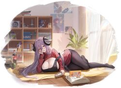  1girl apron artist_request azur_lane black-framed_eyewear black_apron black_horns black_panties black_pantyhose blush book bottle breasts cleavage cola controller curled_horns framed_breasts friedrich_carl_(a_game_of_love)_(azur_lane) friedrich_carl_(azur_lane) game_cartridge game_console game_controller highres holding holding_controller holding_game_controller horns huge_breasts indoors long_bangs long_hair long_sleeves looking_at_viewer lying manga_(object) mole mole_on_breast mole_under_mouth non-web_source official_alternate_costume official_art on_floor on_side open_mouth panties pantyhose plant poster_(object) potted_plant purple_eyes purple_hair red_sweater semi-rimless_eyewear shelf smile solo sweater underwear very_long_hair 
