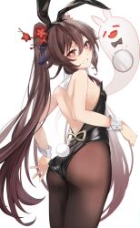  1girl absurdres animal_ears ass black_leotard boo_tao_(genshin_impact) breasts brown_hair cowboy_shot fake_animal_ears fake_tail flower from_behind genshin_impact grin hair_flower hair_ornament highres hu_tao_(genshin_impact) leotard long_hair looking_at_viewer looking_back pantyhose playboy_bunny rabbit_ears rabbit_tail red_eyes simple_background small_breasts smile solo tail thighs twintails very_long_hair white_background wrist_cuffs yutoriko_(candy0905)  rating:Sensitive score:56 user:danbooru