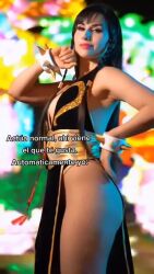  1girl alternate_costume animated ass audible_music bracelet braid breasts capcom chilean_(nationality) chun-li chun-li_(cosplay) claubailarinita cleavage cosplay dress hand_in_own_hair hand_on_own_hip highres jewelry long_hair looking_at_viewer official_alternate_costume photo_(medium) real_life shiny_skin short_dress simple_background skin_tight sound spiked_bracelet spikes standing street_fighter street_fighter_v tagme thighs very_long_hair video 