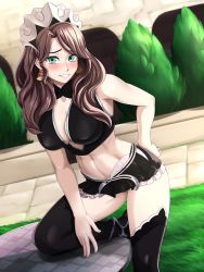 1girl absurdres alternate_costume apron blush breasts bridal_gauntlets brown_hair cleavage dorothea_arnault earrings enmaided fire_emblem fire_emblem:_three_houses fire_emblem_fates green_eyes hand_on_own_hip highres jewelry large_breasts long_hair looking_at_viewer maid maid_headdress navel nintendo smile table thighhighs tree vilde_loh_hocen  rating:Explicit score:28 user:slimydastard