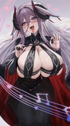  1girl artist_request azur_lane blush breasts bursting_breasts cloak friedrich_carl_(azur_lane) glasses gradient_background hair_ornament hand_gesture heart highres horns huge_breasts jewelry looking_at_viewer mole mole_under_mouth musical_note nail_polish necklace purple_eyes revealing_clothes sexually_suggestive sideboob silver_hair teeth tight_clothes tongue tongue_out  rating:Sensitive score:19 user:UnholyCannoli