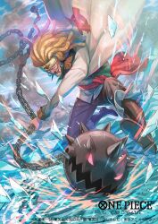  1boy bisaiiiii blonde_hair boots coat commentary_request copyright_name debris dreadlocks earrings headband holding holding_weapon ice jewelry long_mustache long_sleeves looking_at_viewer male_focus official_art one_piece one_piece_card_game open_mouth pants rakuyou red_sash sash sky solo weapon white_coat 