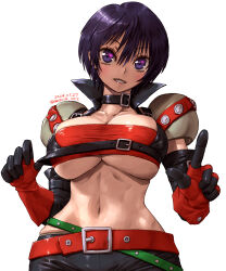  1girl amania_orz belt black_choker black_hair breasts choker cleavage dated gloves highres large_breasts looking_at_viewer midriff navel parted_lips purple_eyes rutee_katrea shiny_skin short_hair simple_background smile solo strap_pull tales_of_(series) tales_of_destiny teeth twitter_username underboob white_background 