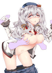 10s 1girl :o absurdres artist_name bent_over black_panties blush breasts cleavage clothes_pull double_handjob gloved_handjob gloves grabber_tool grabbing grabbing_another&#039;s_breast grey_eyes handjob highres kantai_collection kashima_(kancolle) large_breasts litsvn long_hair multiple_penises navel nipples panties panty_pull penis pussy_juice signature silver_hair simple_background skirt skirt_pull solo_focus underwear white_background white_gloves rating:Explicit score:26 user:danbooru