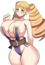  1girl archer_(disgaea) areola_slip bare_shoulders blonde_hair blue_eyes breasts cleavage curvy disgaea drill_hair highleg highleg_leotard highres huge_breasts wide_hips large_areolae leotard long_hair looking_at_viewer pointy_ears revealing_clothes revealing_clothing solo thick_thighs thighs thong_leotard white_background wide_hips ytrall  rating:Explicit score:80 user:ju76rj5