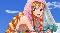  10s 1girl 2012 animated arm_tattoo breasts brown_eyes female_focus large_breasts long_hair nami_(one_piece) one_piece one_piece_special:_glorious_island open_mouth orange_hair solo sound tagme tattoo video wet wet_hair 