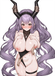 1girl 1other :/ arknights artist_name bare_shoulders between_breasts black_hairband black_horns blush breasts breasts_out closed_mouth clothing_aside cokuto1 commentary_request disembodied_hand embarrassed fake_horns grabbing grabbing_another&#039;s_breast hairband horns large_breasts leotard leotard_aside long_hair looking_at_viewer navel nipples nose_blush off_shoulder purple_eyes purple_hair red_eyes shirt simple_background skindentation sleeveless thick_thighs thighlet thighs twitter_username typhon_(arknights) very_long_hair wavy_hair white_background 