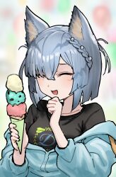  1girl :d ^_^ absurdres animal_ear_fluff animal_ears arknights balloon black_shirt blue_jacket blurry blurry_background braid breasts closed_eyes collarbone delphine_(arknights) depth_of_field facing_viewer food grey_hair hands_up highres holding holding_food ice_cream ice_cream_cone jacket landl long_sleeves medium_breasts off_shoulder open_mouth puffy_long_sleeves puffy_sleeves shirt short_hair smile solo triple_scoop 
