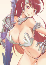 1girl absurdres armor armpits bare_shoulders bikini_armor breasts brown_eyes dytm gauntlets hand_on_own_hip headgear highres large_breasts light_smile lips long_hair looking_at_viewer midriff original red_hair revealing_clothes shoulder_armor single_pauldron solo pauldrons sword weapon rating:Questionable score:28 user:danbooru