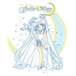  1girl :d absurdres bare_arms bare_legs bishoujo_senshi_sailor_moon blue_eyes brooch chibi choker copyright_name crescent double_bun dress earrings facial_mark forehead_mark full_body hair_bun hair_ornament heart heart_hair_ornament high_heels highres holding holding_staff jewelry long_hair looking_at_viewer official_art open_mouth parted_bangs pleated_dress ribbon sailor_collar sailor_cosmos sailor_senshi_uniform scan simple_background smile solo staff standing star_(symbol) star_choker takeuchi_naoko waist_brooch white_background white_choker white_footwear white_hair white_ribbon white_sailor_collar wing_brooch 