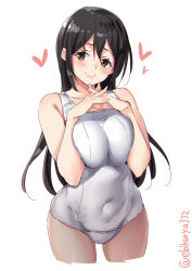 1girl alternate_costume bare_shoulders black_eyes black_hair blush breasts breasts_squeezed_together chikuma_(kancolle) closed_mouth collarbone covered_navel cowboy_shot cropped_legs ebifurya groin_tendon hair_between_eyes hands_up head_tilt heart highres hip_focus interlocked_fingers kantai_collection large_breasts light_smile long_hair looking_at_viewer old_school_swimsuit one-piece_swimsuit own_hands_together parted_bangs school_swimsuit sidelocks simple_background sketch smile solo spoken_heart standing straight_hair swimsuit thighs twitter_username white_background white_one-piece_swimsuit white_school_swimsuit wide_hips rating:Sensitive score:13 user:danbooru