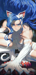 1girl absurdres animal_ear_fluff animal_ears animal_hands big_hair blue_eyes blue_hair blurry capcom cat_ears cat_girl cat_tail claws depth_of_field fang felicia_(vampire) foreshortening fur ghdwid highres looking_at_viewer monster_girl muscular muscular_female pout slit_pupils solo tail vampire_(game) white_fur rating:Sensitive score:48 user:danbooru